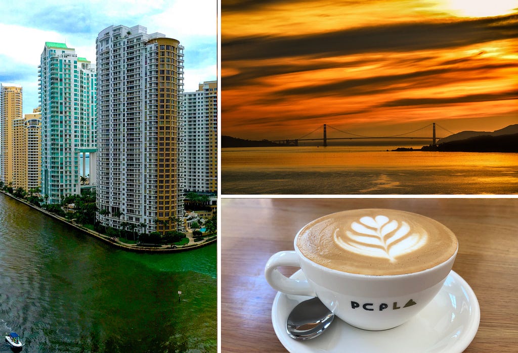Images of San Francisco and Miami along with a coffee cup