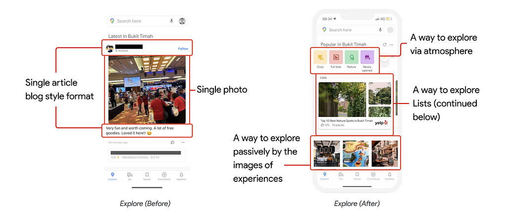 Comparison graphic of before and after: Google’s Explore and My Explore feature.