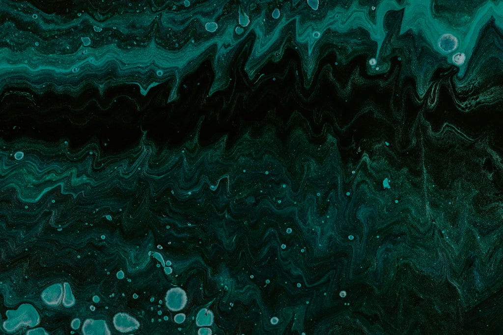A black and green abstract painting with bubbles