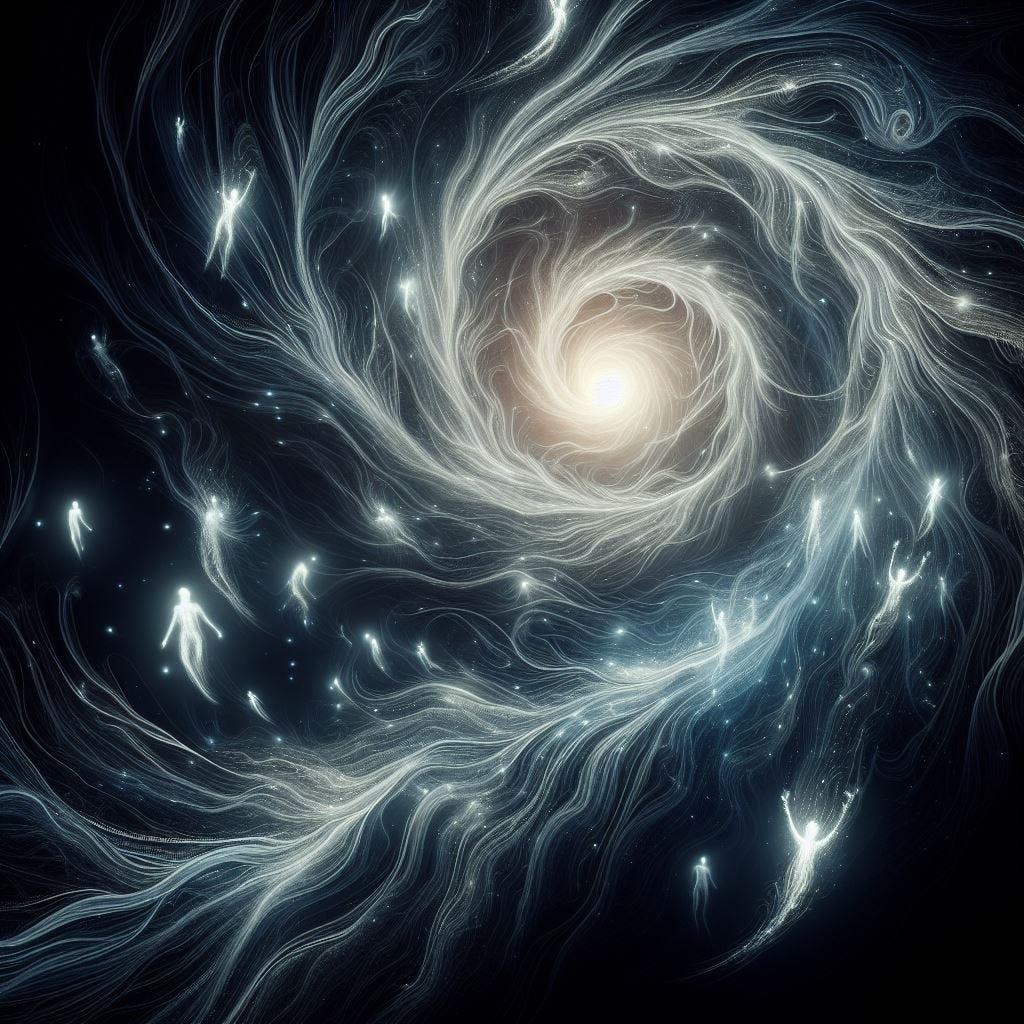 A conceptual visualization of the afterlife, characterized by a dynamic interplay of light and shadow. It features a central vortex of radiant light, symbolizing a portal or gateway to another realm. Surrounding this are ethereal figures that appear to be journeying towards the light, representing souls in transition. The swirling patterns and luminescent forms evoke a sense of mystery and the unknown, aligning with the enigmatic nature of afterlife theories.