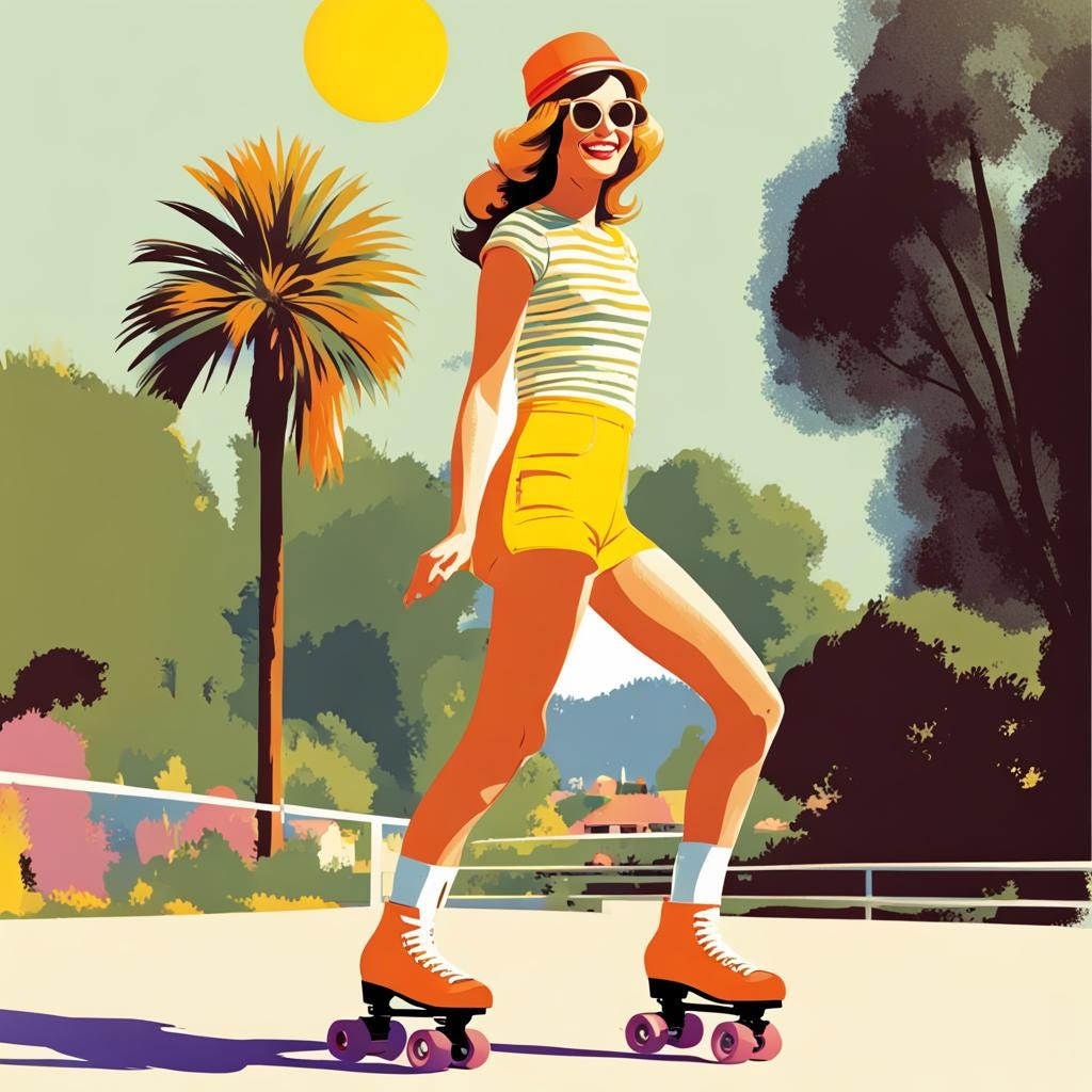 A woman wearing sunglasses and on rollerskates on a summer day in California with a palm tree in the background