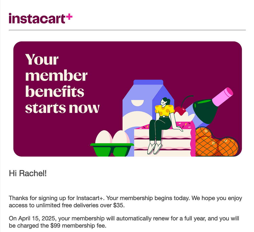 An image of an email from Instacart saying “Your member benefits starts now.”