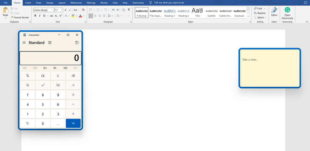 I have pinned both calculator and sticky notes app while MS Word is also open.