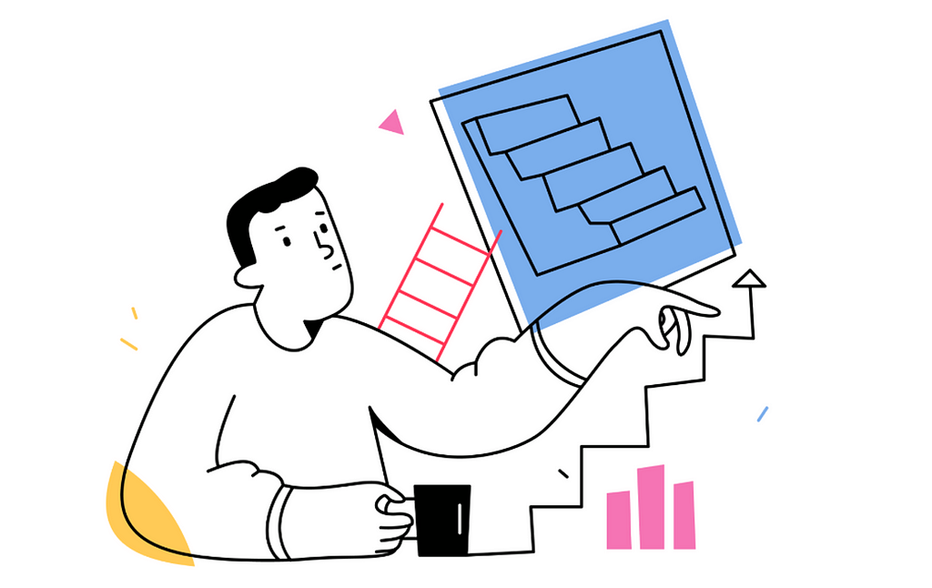 A stylized cartoon man in a sweater holds a large blueprint with a staircase design. Beside him, a small red ladder is depicted. He’s gesturing to an ascending arrow while holding a black mug. The scene has minimal geometric decorations: pink bars, a triangle, and scattered lines. The image conveys planning, progression, or taking steps towards a goal.