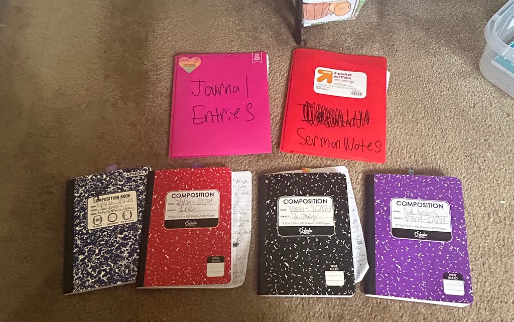 journals to be discarded and folders for journal entries