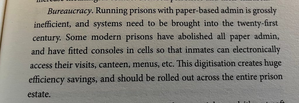 Extract from Chris Atkins Book which describes how tackling bureaucracy will have an impact on staff and prisoner well being.