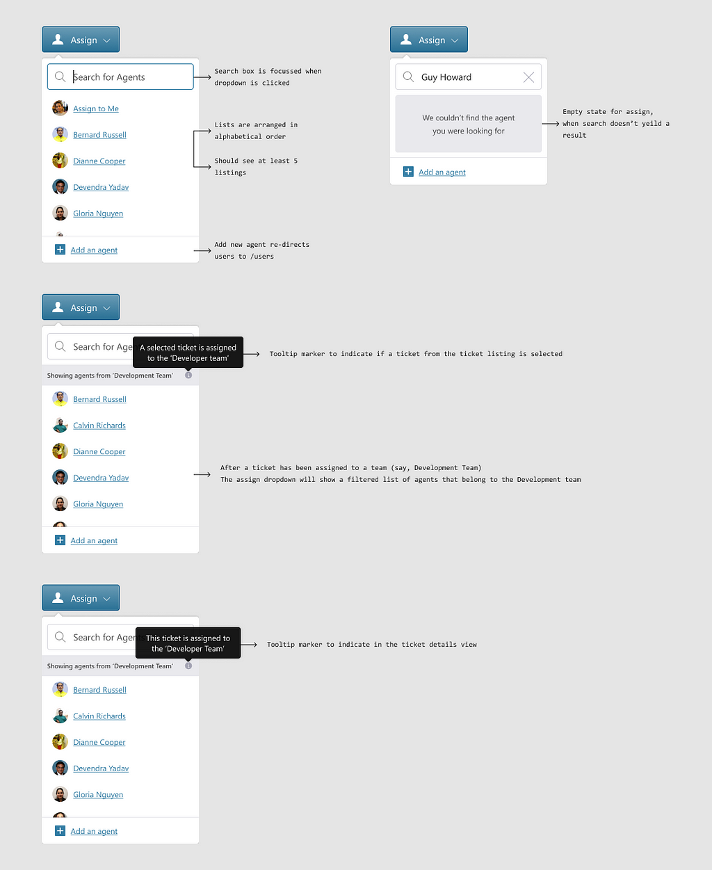 Annotated designs for a feature in SupportBee to help developers get more context before they begin