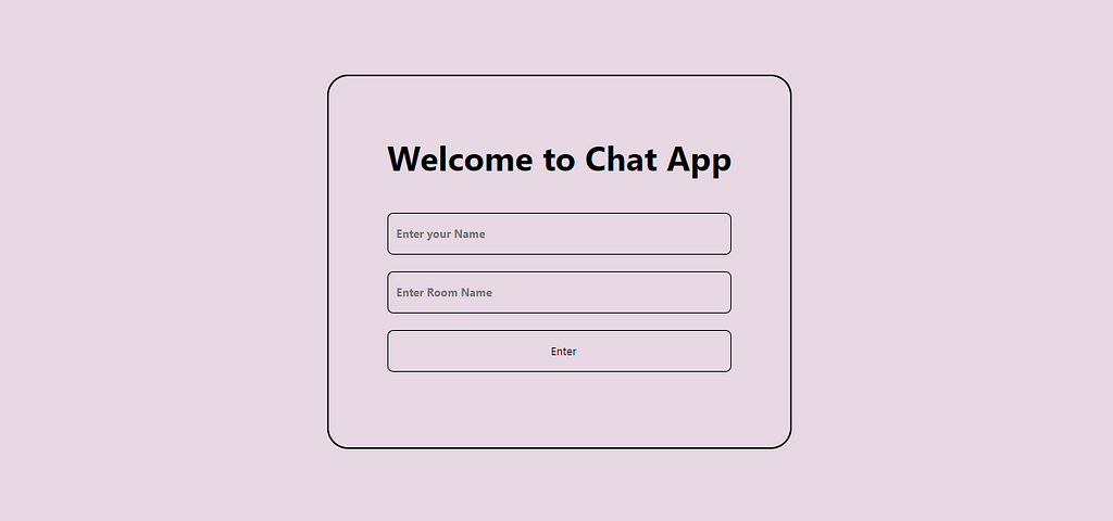login screen of the chat app showing the message “Welcome to Chat App” and empty dialog boxes for a user name and a room name