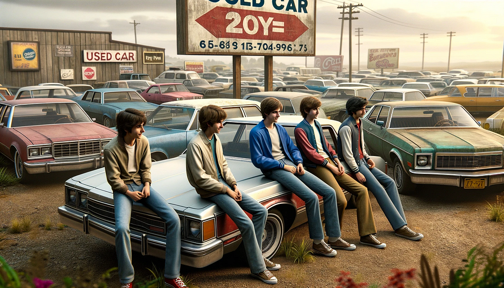 Friends sitting on a used car in a car lot.