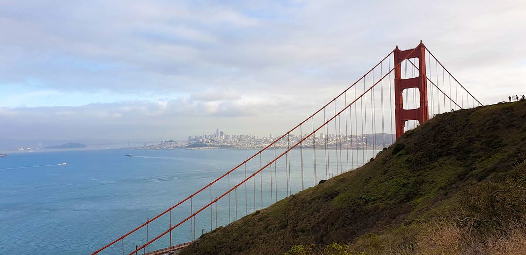 The Golden Gate Bridge with San Francisco’s skyline in the background.