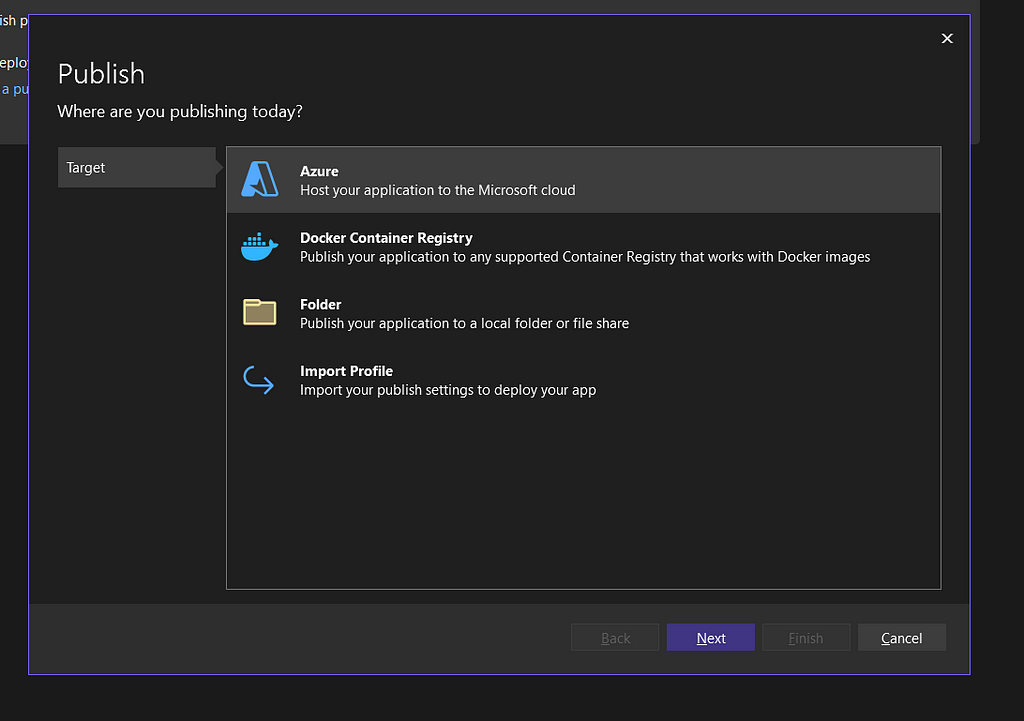 Visual Studio screenshot showing image containing selection of target once user clicks on publish