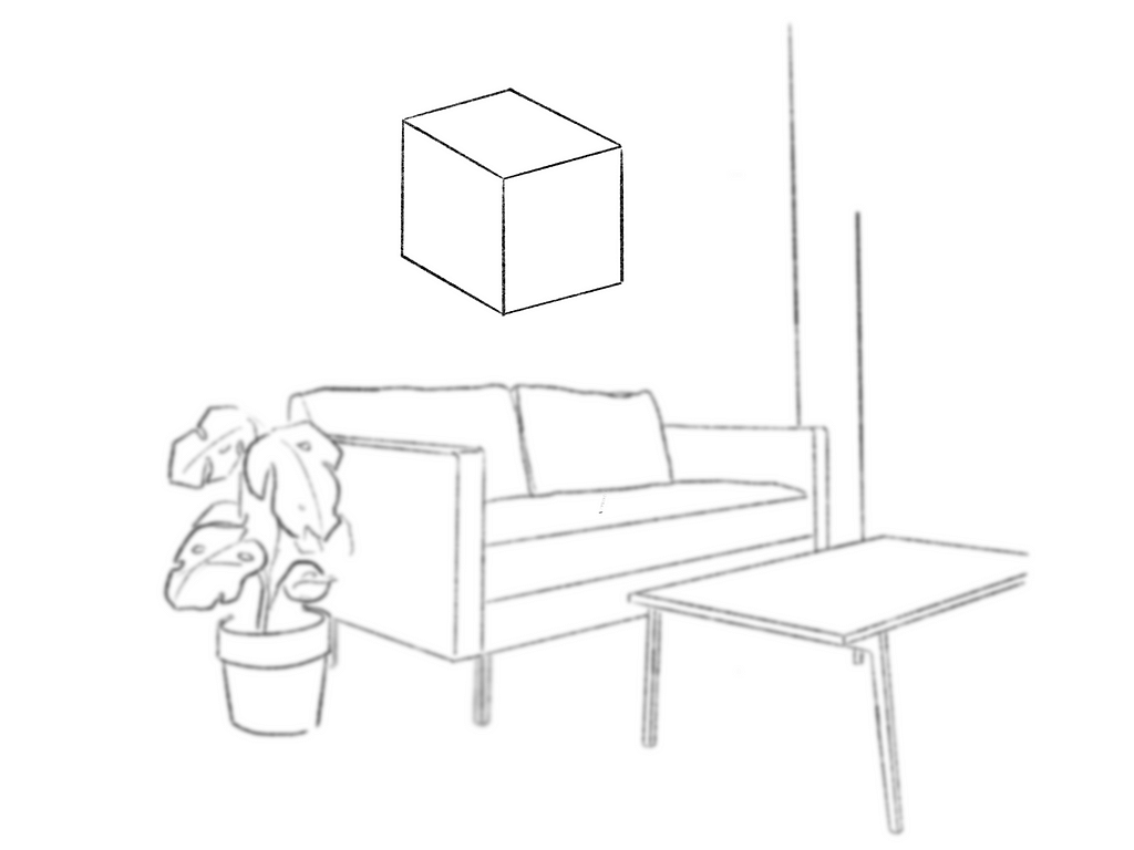 Sketch of a cube floating in a room. The cube is in focus while all other elements are slightly blurred in the background