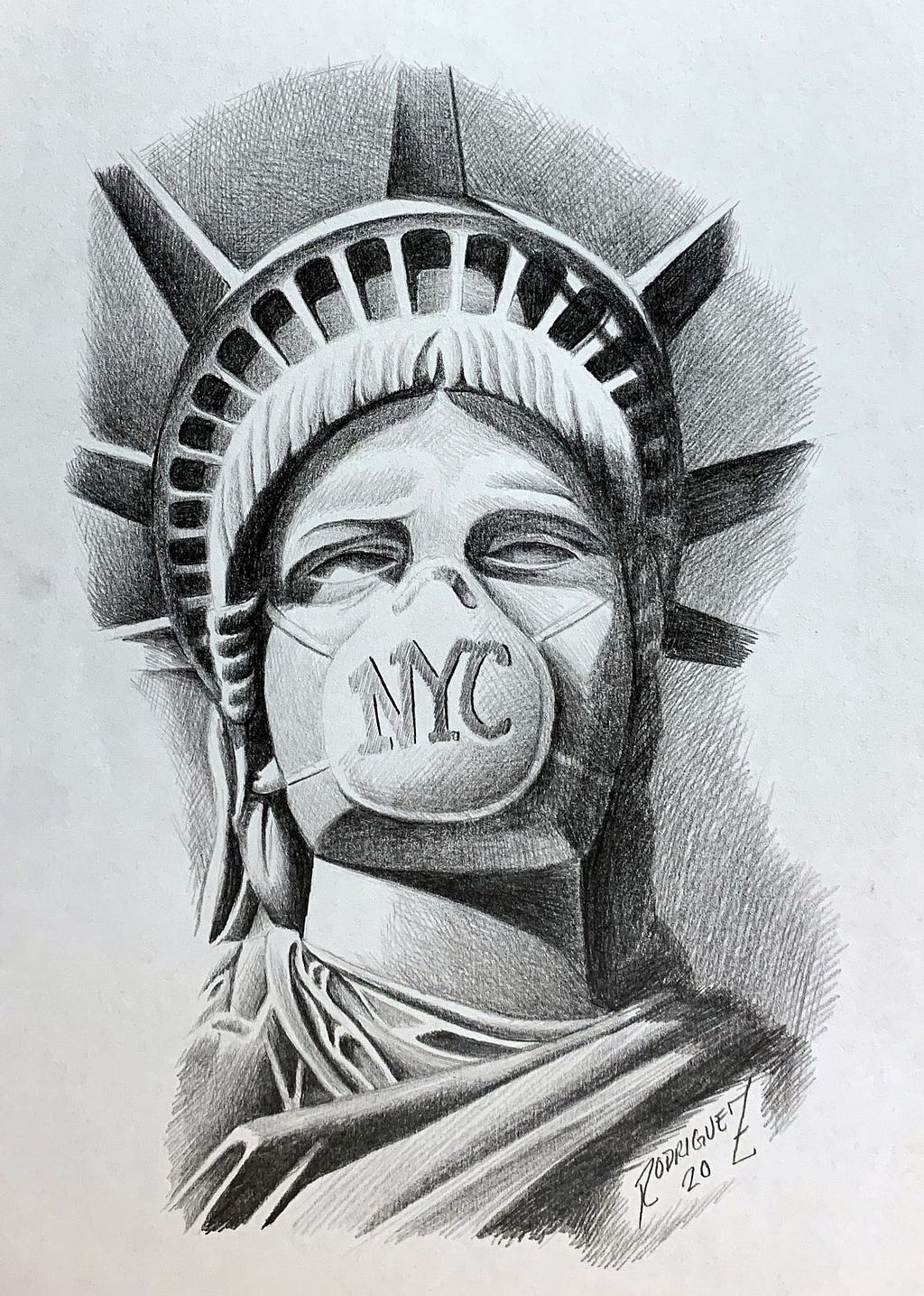 Art by Edward Rodriguez: Face of the statue of liberty wearing a mask that says “NYC”