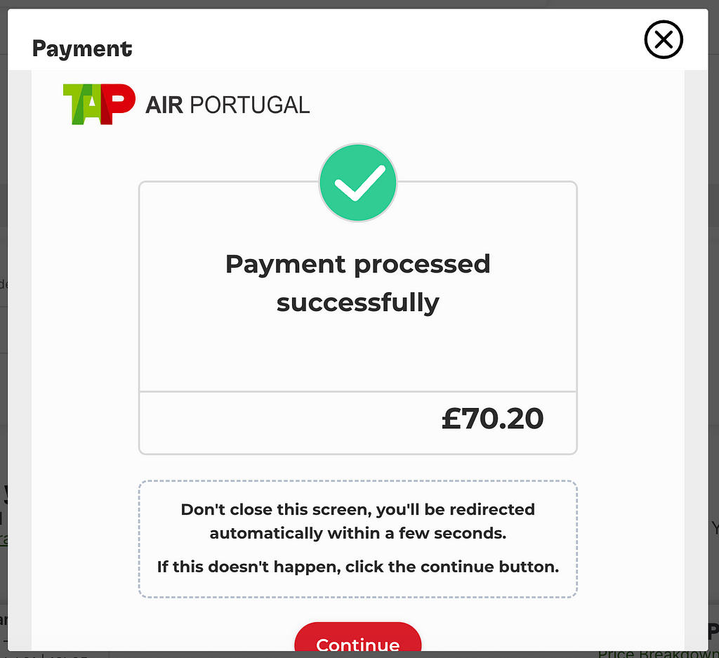 TapAIR Payment success screen
