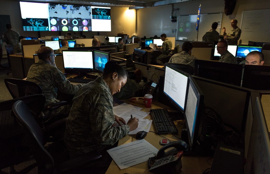 Cyber warfare operators monitor cyber attacks at Warfield Air National Guard Base, Middle River, MD, December 2, 2017. Photo by J.M. Eddins Jr./U.S. Air Force