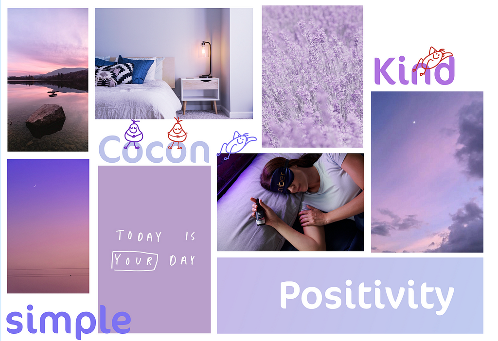 Images collage with a purple dominant color. Pictures of skies, lavender, landscapes are associated with words such as “Simple”, “Positivity”, “Kind” or “Cocon”