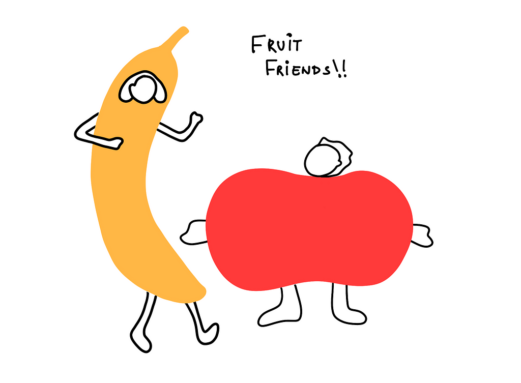 Drawing of two friends interacting with each other dressed as fruits — banana and tomato.