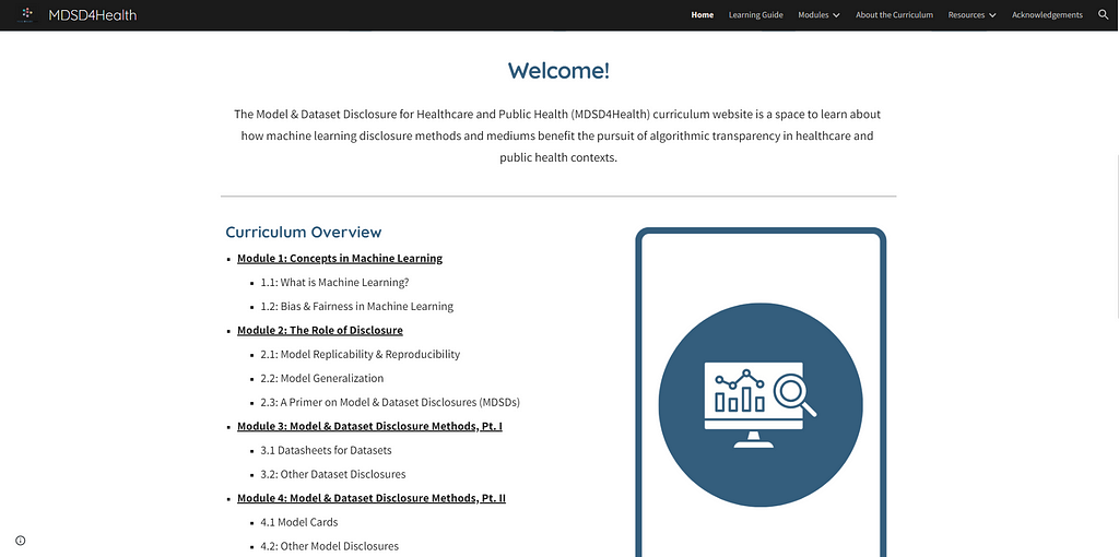 A piece of a screen capture from the MDSD4Health home page, including a welcome message and curriculum overview. Visit https://www.mdsd4health.com/home for text.