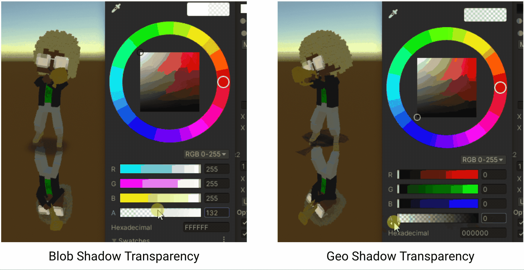 Two images of a Blockstar playing the trumpet on a blank development canvas. Each has a different form of shadow. The image shows how the shadow type impacts transparency.