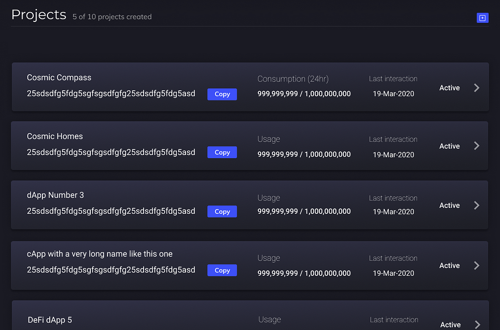 visualization of a list of projects under management by a user on the Cosmic Compass Console