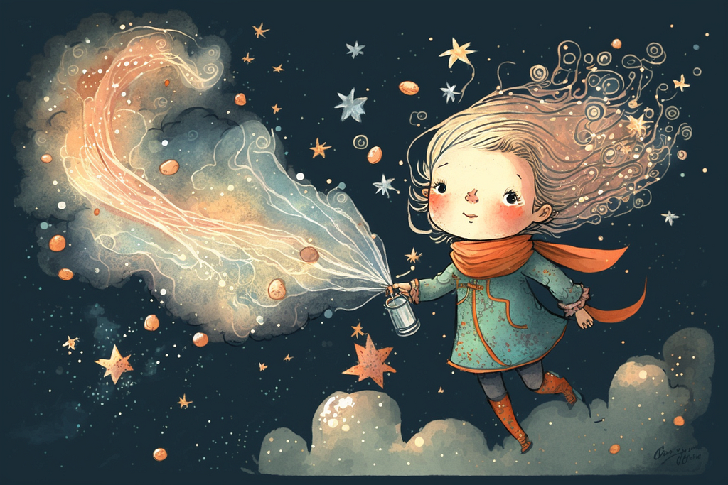 A little girl in a red scarf walks among clouds. A galaxy spill from a little tin can she holds.