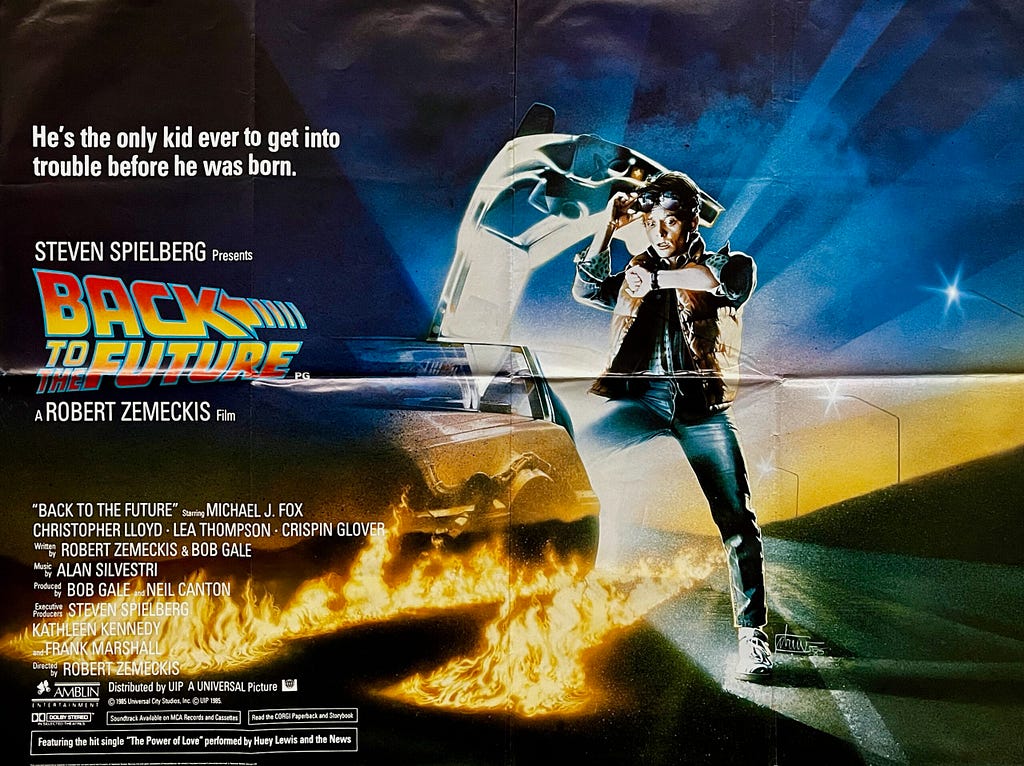 A vintage film poster of Back to the Future, starring Michael J. Fox
