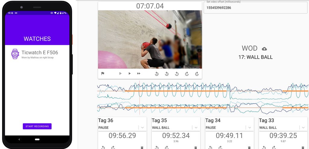 First prototype app and web app for viewing sensor data and marking reps.