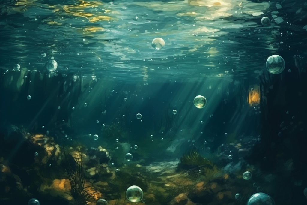 Underwater view of bubbles rising to the surface in a murky river.