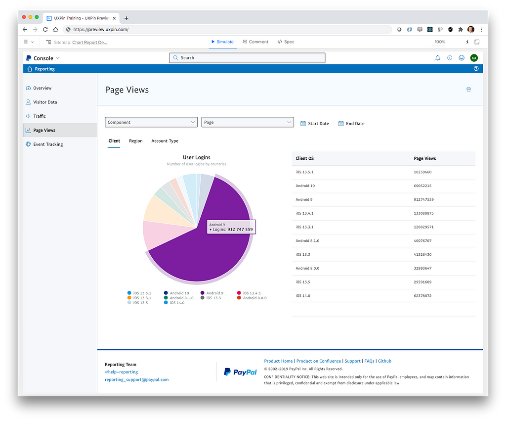 Screenshot of a reporting page prototype rendered in UXPin featuring multiple filter controls, data table, and pie chart