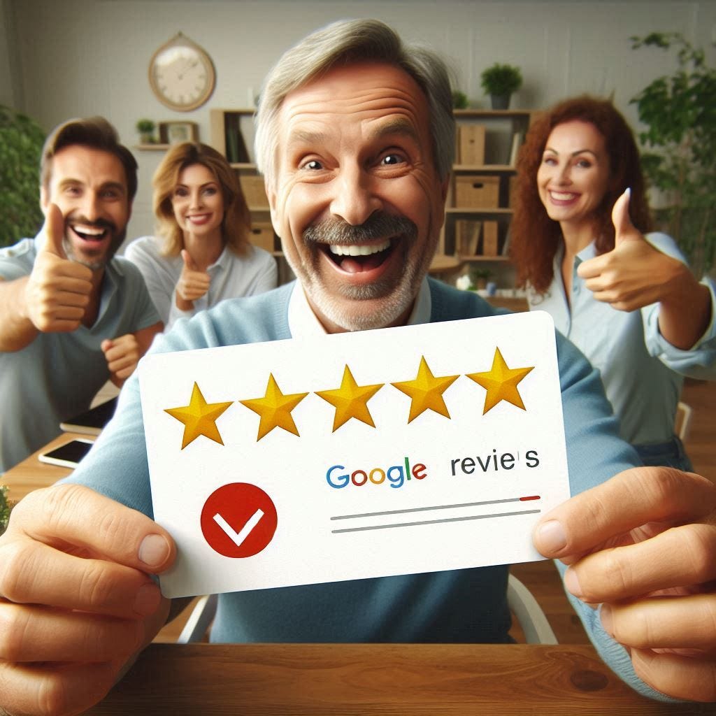 A happy customer holding a five-star reviewed card