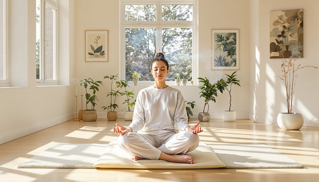 Woman meditating in sunlit room with plants and botanical art.