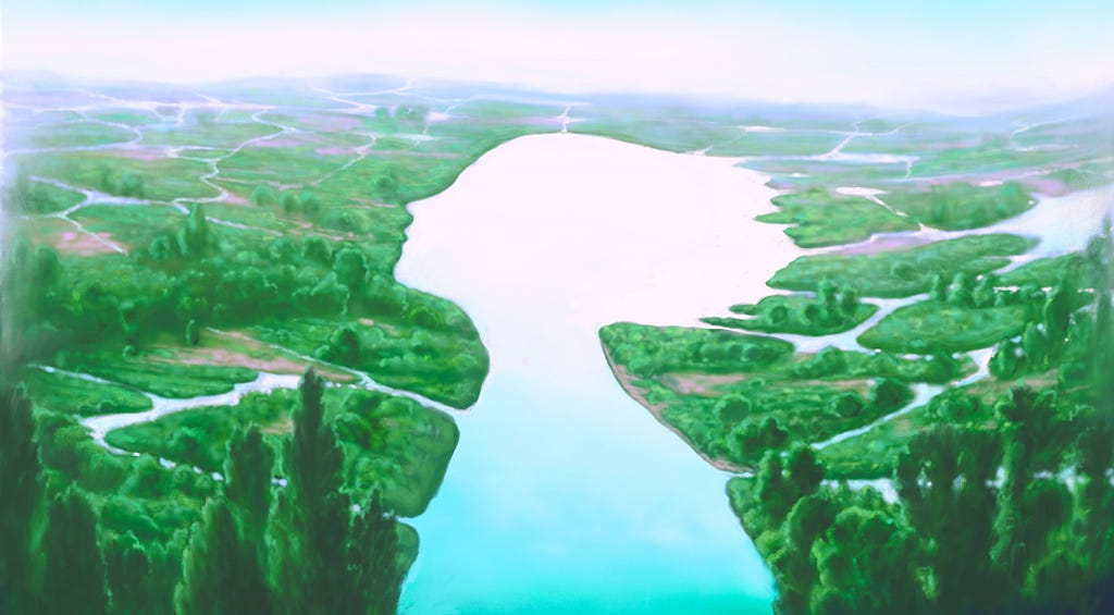 Painting of a lake the shape of a person in amidst a lush green landscape
