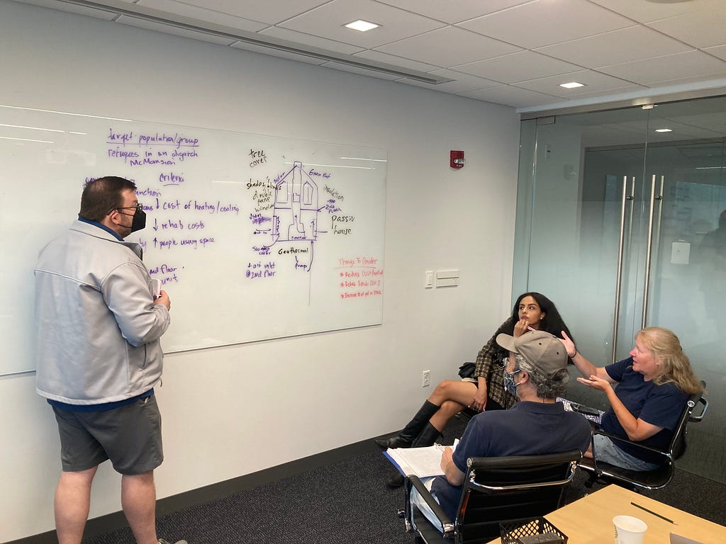 Photo of 4 teachers in an MIT classroom staring at a whiteboard with brainstorming ideas written on it. One teacher is standing to the left of the board, the 3 other teachers are sitting in chairs to the right of the board.