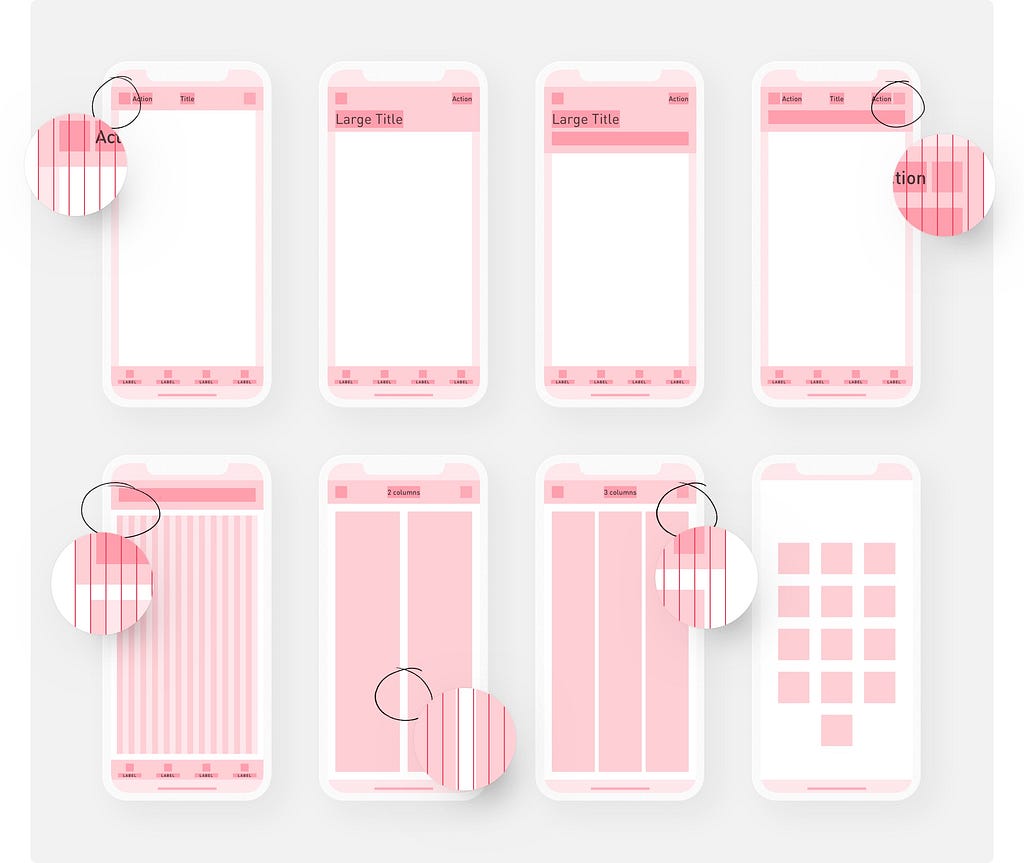 Eight iPhone mockups presenting the basic Yolk layout