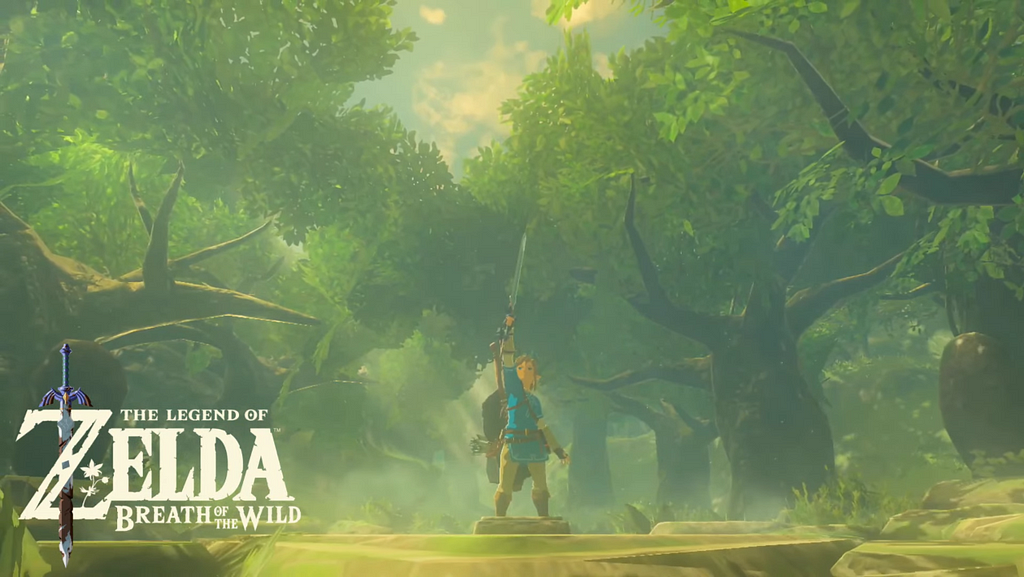Link from Legend of Zelda: Breath of the Wild, holding the Master Sword above his head triumphantly