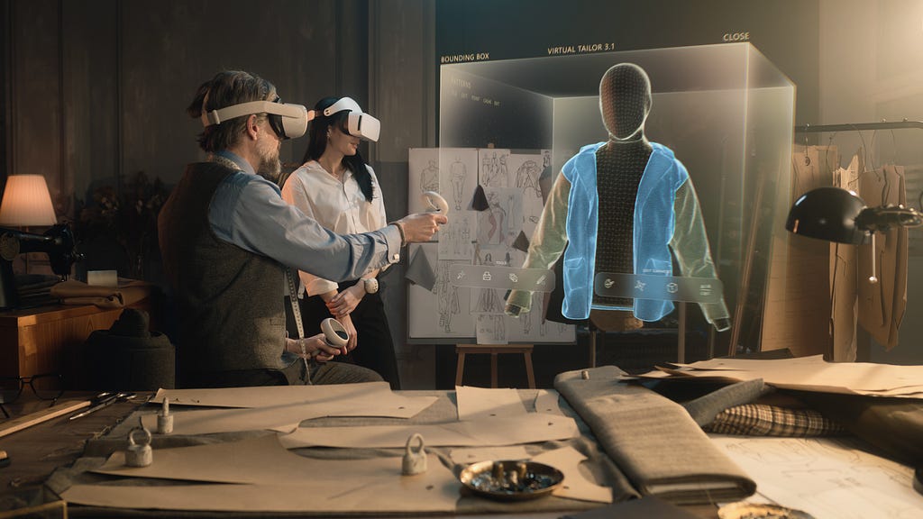 Male tailor and female customer in a studio wear VR headsets to view a jacket design in VR.