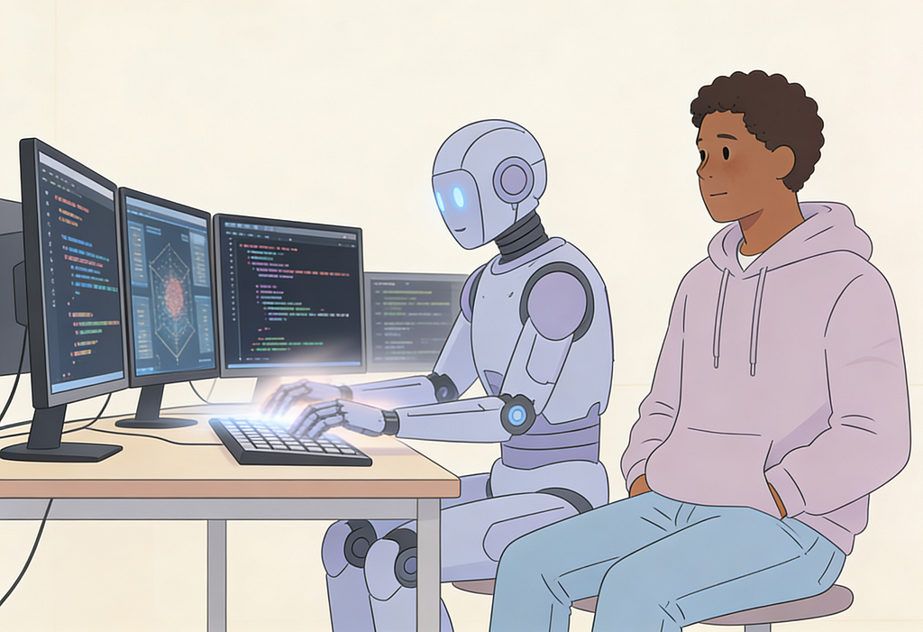 Illustration of a programmer in a lavender hoodie sitting at a desk beside a humanoid robot, in front of three monitors filled with code. The robot’s hands are at the keyboard, typing rapidly with a faint blur of motion, while the man sits back with his hands in his lap, watching the robot work rather than touching the keyboard himself.