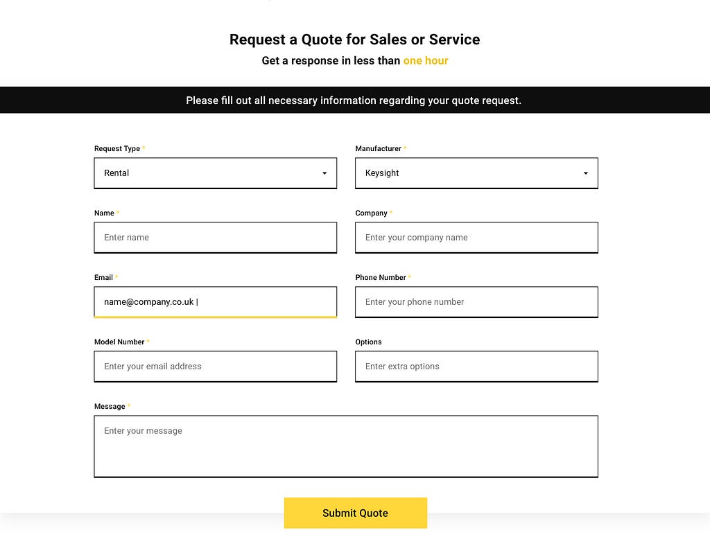 Design of a request quote form as part of a B2B e-commerce website.