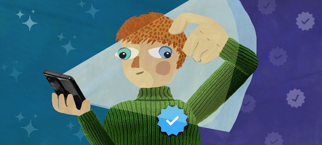 An illustration depicting a user looking puzzled while using their phone, symbolising the challenge of distinguishing what is real vs. AI-generated content