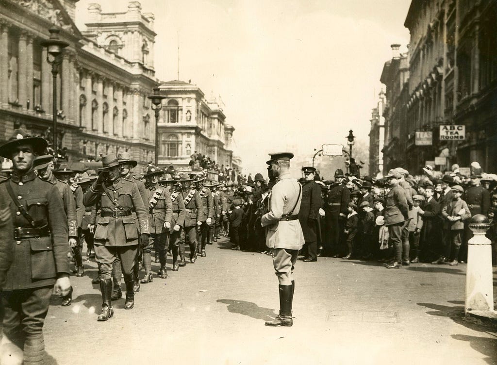 Officer in front of New Zealand Servicemen Anzac Day In London, England, 1919