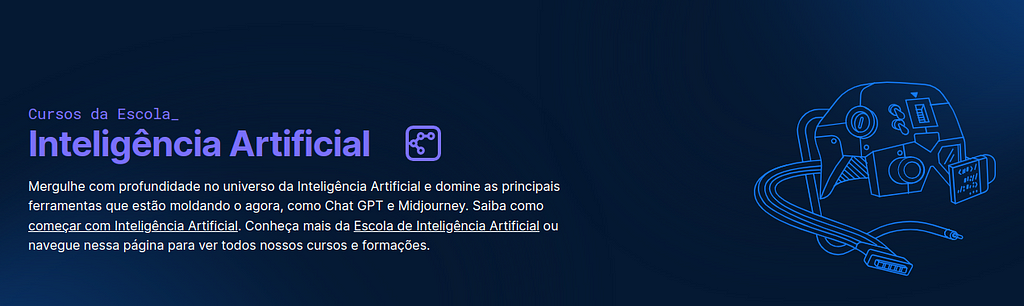 Imagem do banner da escola de Inteligência Artificial, em cor azul escuro, letras, nas cores roxas e brancas, e um desenho de um óculos 3D, na cor branca.
