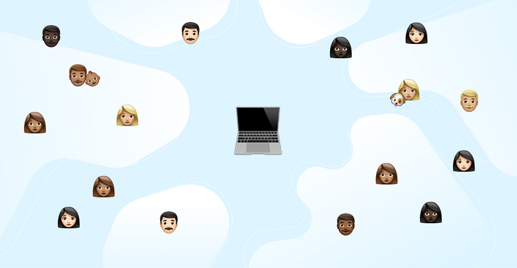 An abstract illustration of a laptop with people’s faces hovering around it from a distance.