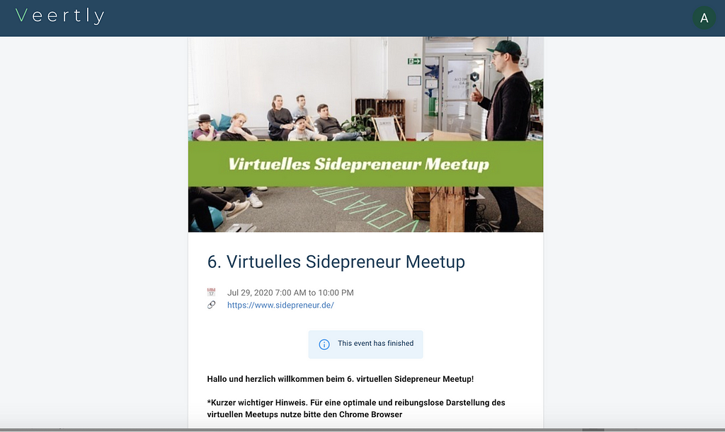 Sidepreneur meetup page on Veertly