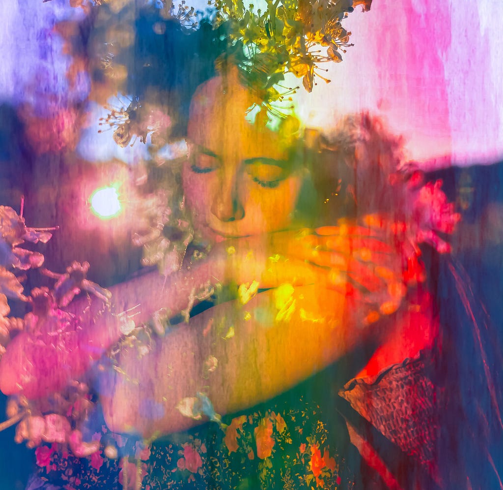 Digital artwork of a woman nurturing herself