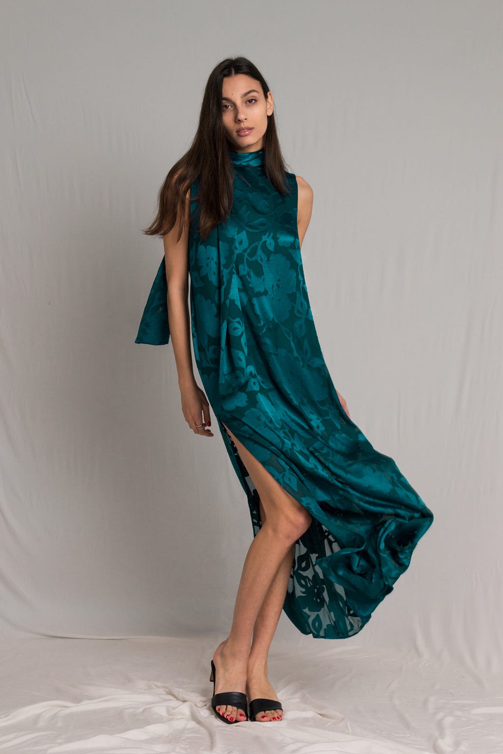 Bastet Noir made to measure teal floral silk maxi dress with side slit and neck tie
