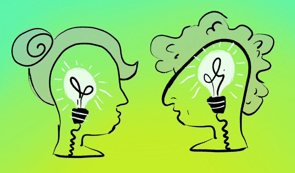 An illustration with a green background showing an outline of two heads with idea lightbulbs for brains.