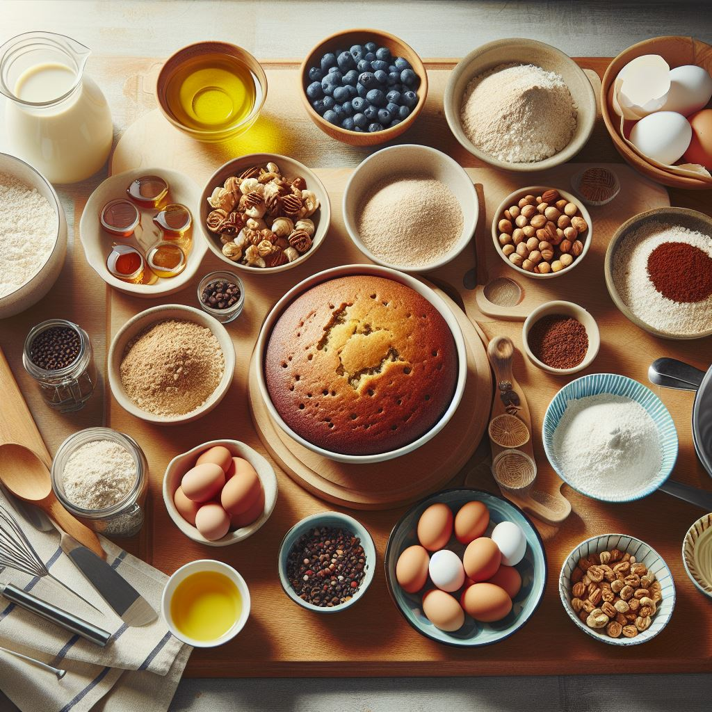 On a wooden kitchen worktop, ingredients for baking a cake are neatly laid out in lots of little dishes, ready to use.