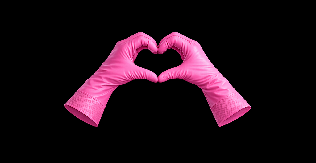 Two pink rubber-gloved hands forming a heart shape against a black background.