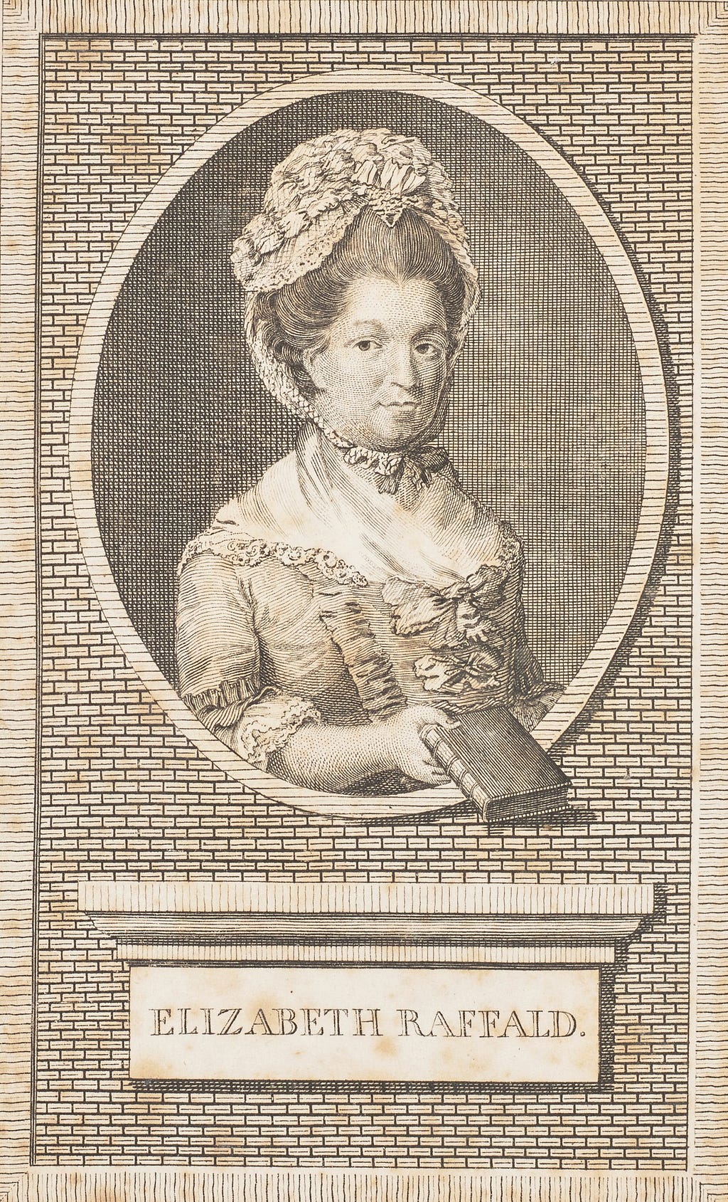 Head and shoulders portrait of a woman in Georgian dress and bonnet holding a closed book in her right hand.
