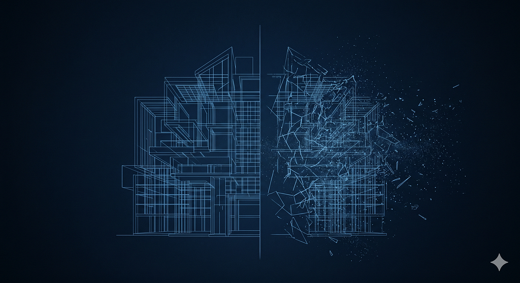 An architectural blueprint rendered in thin blue lines — intact and precisely detailed on the left half, fragmenting into dissolving particles on the right. Not destroyed by force but disintegrating from structural irrelevance. The market repricing products whose foundations no longer hold.